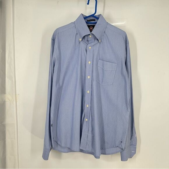 Victorinox Men's L Super Fine Cotton Blue and White Stripe L/S Button Down Shirt - Picture 1 of 10
